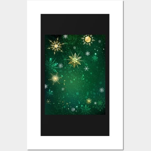 Gold Snowflakes on a Green Background Posters and Art